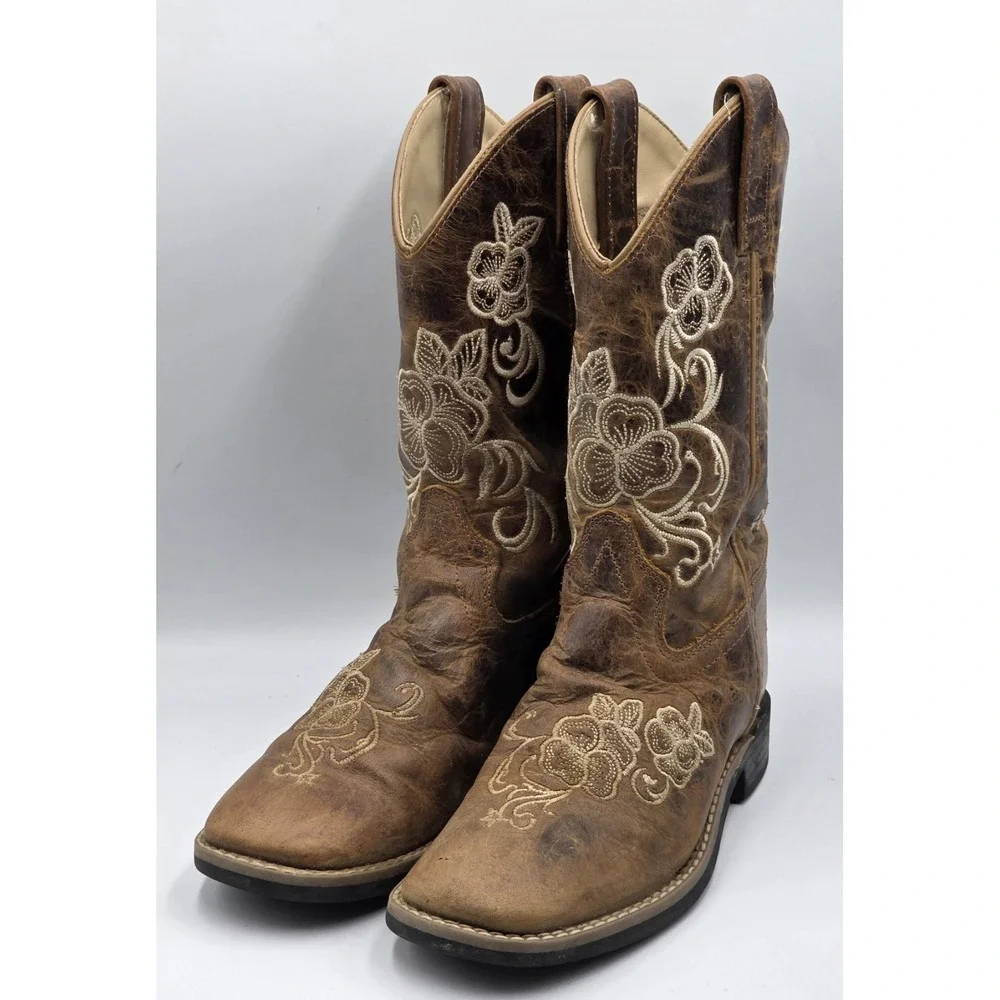 Shyanne Girls Brown Distressed Leather Floral Embroidered Cowboy Boots Size 3 D